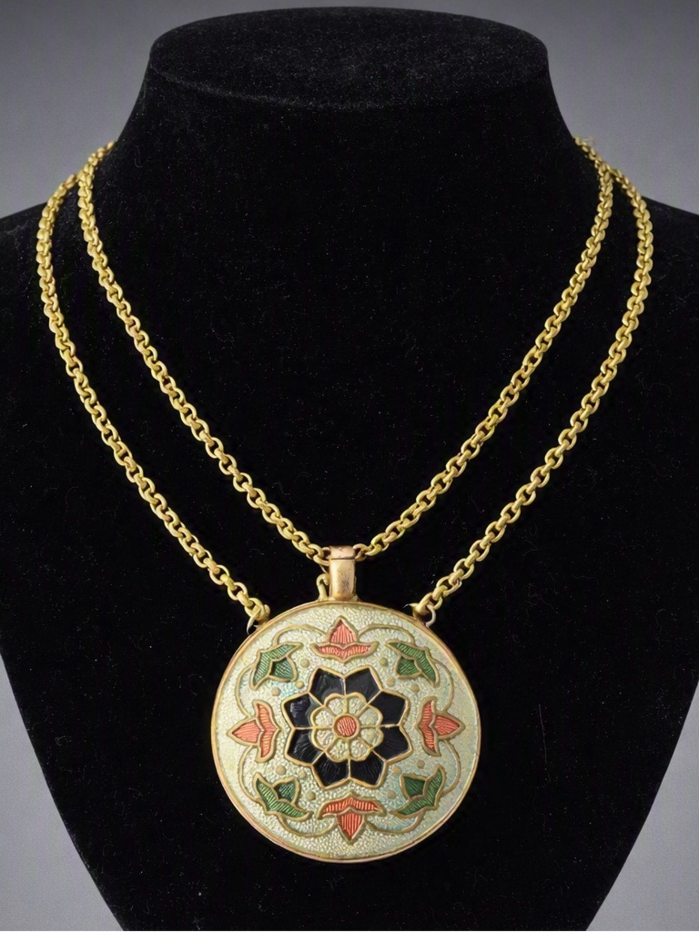 Vintage Turkish Enamel Perfume Pendant with Dauber – Floral Champlevé Design